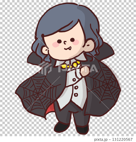 一名兒童扮成德古拉，身穿黑色斗篷的插圖 131220567