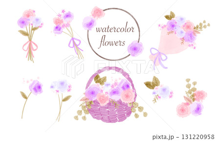 水彩風なバラの花束セットイラスト(紫系) 131220958