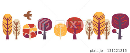 秋色の森の木々と鳥のイラスト 131221216