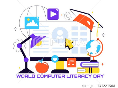 World Computer Literacy Day Vector Illustration on December 2, Featuring Books, Globe, and Media Equipment to Promote Education in a Flat Background World Computer Literacy Day Vector Illustration on December 2, Featuring Books, Globe, and Media Equipment to Promote Education in a Flat Background 131221568