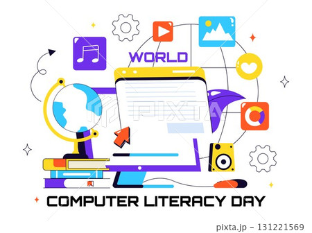 World Computer Literacy Day Vector Illustration on December 2, Featuring Books, Globe, and Media Equipment to Promote Education in a Flat Background World Computer Literacy Day Vector Illustration on December 2, Featuring Books, Globe, and Media Equipment to Promote Education in a Flat Background 131221569