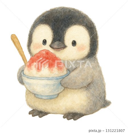 【夏】かき氷を持ったペンギンのイラスト/イチゴシロップ 131221807
