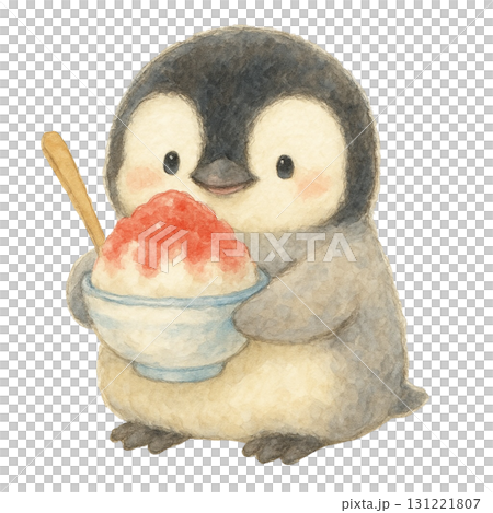 【夏】かき氷を持ったペンギンのイラスト/イチゴシロップ 131221807