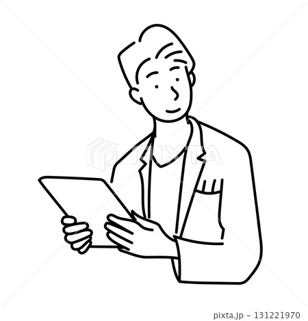 イラスト素材: タブレットを持つ白衣の男性の線画 131221970