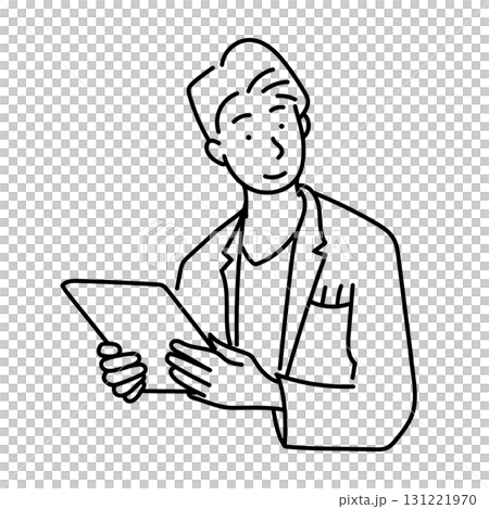 イラスト素材: タブレットを持つ白衣の男性の線画 131221970