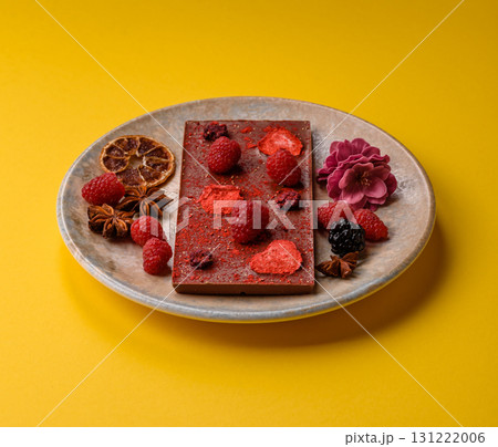 Bar sweet craft artisan chocolate with dried fruits made at home. Craft chocolate 131222006