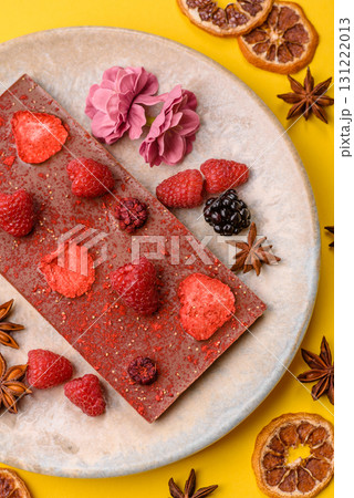 Bar sweet craft artisan chocolate with dried fruits made at home. Craft chocolate 131222013