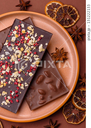 Bar sweet craft artisan chocolate with dried fruits made at home. Craft chocolate 131222133
