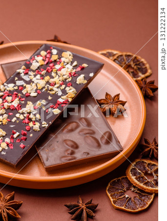 Bar sweet craft artisan chocolate with dried fruits made at home. Craft chocolate 131222134