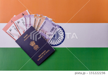 Indian passport and tickets for travelling, flying and doing business. India document, id Indian passport and tickets for travelling, flying and doing business. India document, id 131222236