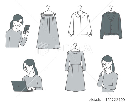 若い女性がネットで服選びをしている手描きの線画イラストセット 131222490