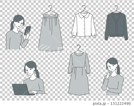若い女性がネットで服選びをしている手描きの線画イラストセット 131222490