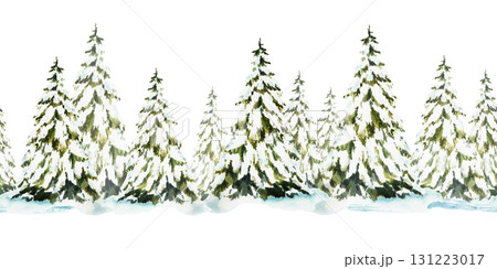 Spruce tree snow covered seamless border. Snowy winter Christmas fir. Hand drawn watercolor illustration isolated pattern from background. Clipart for holiday fabric, Xmas wallpaper, packaging design. 131223017