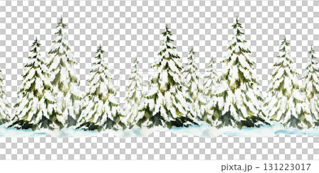 Spruce tree snow covered seamless border. Snowy winter Christmas fir. Hand drawn watercolor illustration isolated pattern from background. Clipart for holiday fabric, Xmas wallpaper, packaging design. 131223017