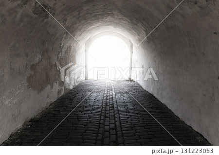 A dim, weathered tunnel with a cobblestone floor and curved white walls A dim, weathered tunnel with a cobblestone floor and curved white walls 131223083