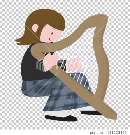 ハープを奏でる女性の手描きカラーイラスト 131223133