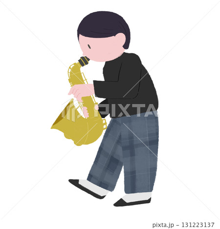 サックスを吹く男性の手描きカラーイラスト 131223137