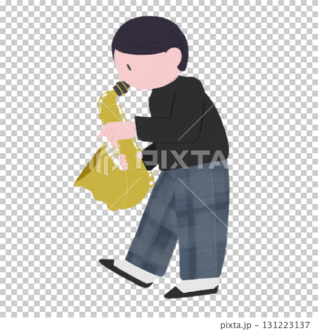 手繪彩色插圖，描繪一名男子吹奏薩克斯風 131223137