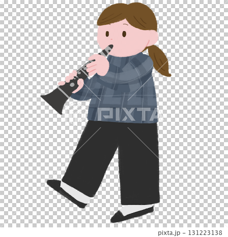 クラリネットを吹く女性の手描きカラーイラスト 131223138