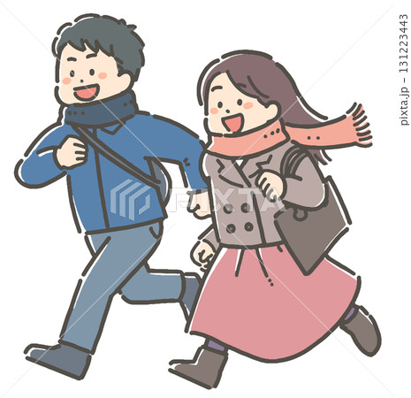 鞄を持ち、走ってお出かけする若い男女のイラスト 鞄を持ち、走ってお出かけする若い男女のイラスト 131223443