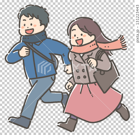 鞄を持ち、走ってお出かけする若い男女のイラスト 鞄を持ち、走ってお出かけする若い男女のイラスト 131223443