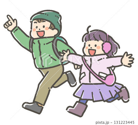 鞄を持ち、走ってお出かけする子どもたちのイラスト 131223445