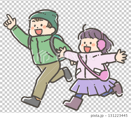 鞄を持ち、走ってお出かけする子どもたちのイラスト 131223445