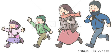 鞄を持ち、走ってお出かけする子ども連れの家族のイラストセット 鞄を持ち、走ってお出かけする子ども連れの家族のイラストセット 131223446