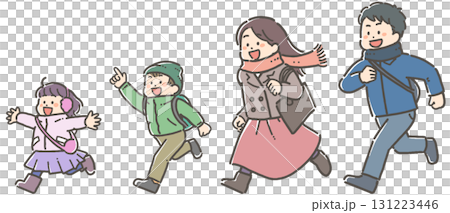 鞄を持ち、走ってお出かけする子ども連れの家族のイラストセット 鞄を持ち、走ってお出かけする子ども連れの家族のイラストセット 131223446