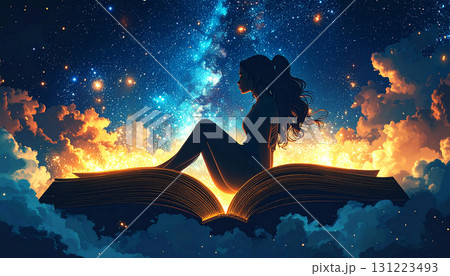 Surreal fantasy scene of a woman sitting on glowing open book, pages lighting up night sky with cosmic stars and magical atmosphere 131223493