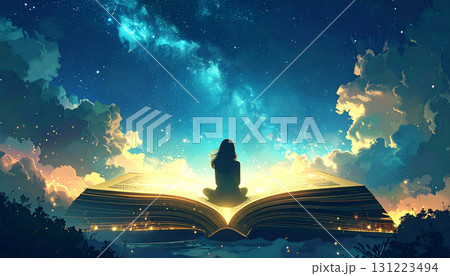 Surreal fantasy scene of a woman sitting on glowing open book, pages lighting up night sky with cosmic stars and magical atmosphere 131223494