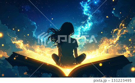Surreal fantasy scene of a woman sitting on glowing open book, pages lighting up night sky with cosmic stars and magical atmosphere 131223495