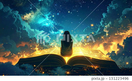 Surreal fantasy scene of a woman sitting on glowing open book, pages lighting up night sky with cosmic stars and magical atmosphere 131223496