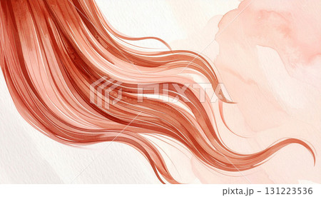 Watercolor illustration of long flowing reddish hair with soft gradient tones, gentle curves, and artistic fluid strokes on textured paper background 131223536