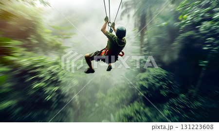 person ziplining fast through lush jungle canopy 131223608