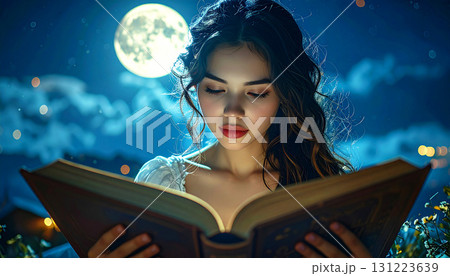 Dreamy night scene of a young woman reading a glowing magical book under moonlight, surrounded by sparkling lights and a surreal fantasy atmosphere 131223639