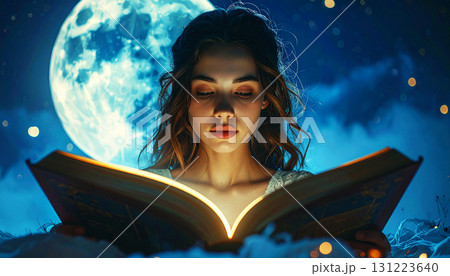 Dreamy night scene of a young woman reading a glowing magical book under moonlight, surrounded by sparkling lights and a surreal fantasy atmosphere 131223640