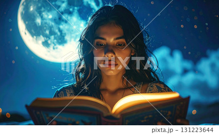 Dreamy night scene of a young woman reading a glowing magical book under moonlight, surrounded by sparkling lights and a surreal fantasy atmosphere 131223644