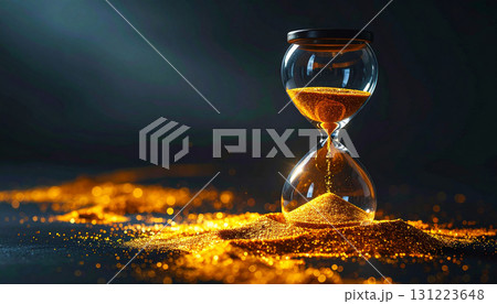 hourglass with sand, Photorealistic hourglass with golden sand flowing, dramatic glowing light, symbolizing time, eternity, and fleeting moments in life 131223648