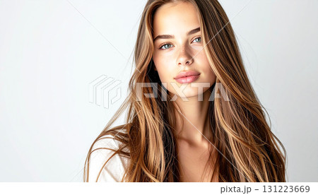 Photorealistic portrait of a woman with long shiny hair, natural beauty, soft skin, freckles, and clean studio lighting on white background. 131223669