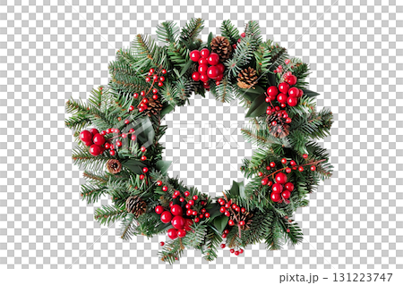 帶有紅色漿果的聖誕花圈剪紙插圖（PNG） 131223747