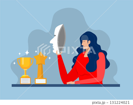 Imposter syndrome.woman standing for her present profile with fear after door . Anxiety and lack of self confidence at work; the person fakes is someone else concept 131224021