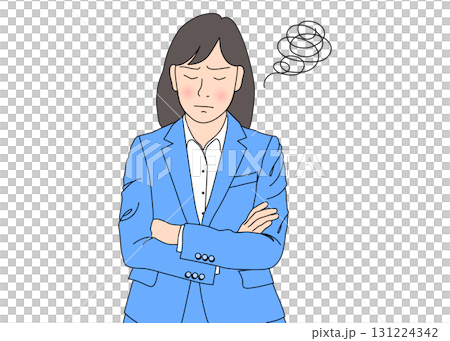 Illustration of a worried business woman with her arms folded, front view, color blue 131224342