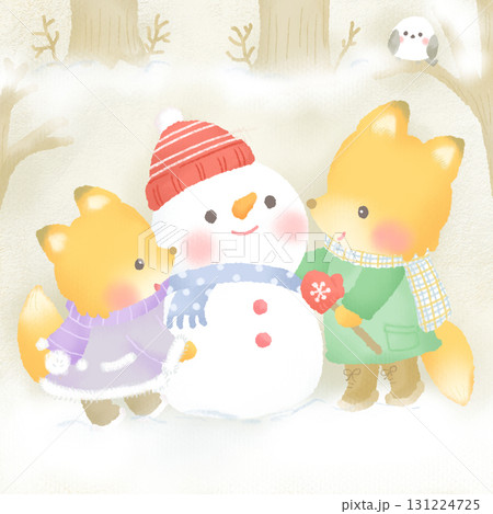 冬_雪遊び 雪だるまを作るキツネ シマエナガ 131224725