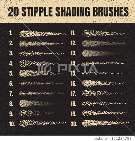 Ink scatter brush, stipple drawing and texturing. Fading gradient. Stippling, dotwork drawing, shading using dots. Halftone disintegration effect. White noise grainy texture. Vector illustration 131224797