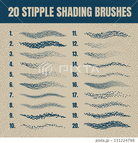 Ink scatter brush, stipple drawing and texturing. Fading gradient. Stippling, dotwork drawing, shading using dots. Halftone disintegration effect. White noise grainy texture. Vector illustration 131224798