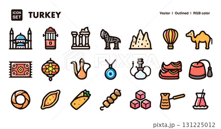 トルコのアイコンイラストセット 文化、料理、伝統を描いたベクター素材 トルコのアイコンイラストセット 文化、料理、伝統を描いたベクター素材 131225012