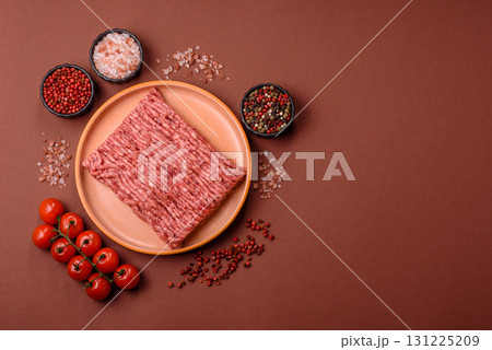 Raw ground beef meat food, ingredient for making cutlets or meatballs. Raw ground beef 131225209