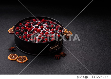 Pie, cheesecake with raspberries and blackberries, mascarpone cheese. Piece of cheesecake Pie, cheesecake with raspberries and blackberries, mascarpone cheese. Piece of cheesecake 131225257