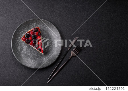 Pie, cheesecake with raspberries and blackberries, mascarpone cheese. Piece of cheesecake Pie, cheesecake with raspberries and blackberries, mascarpone cheese. Piece of cheesecake 131225291